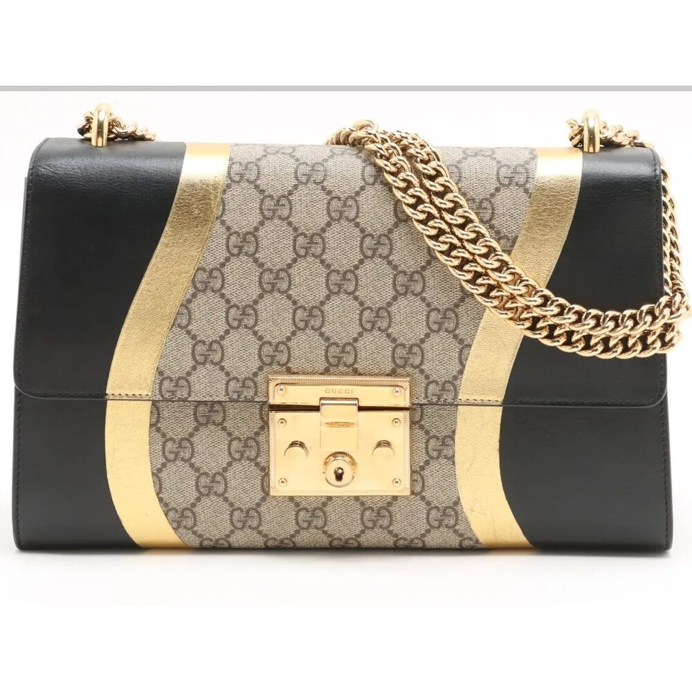 Gucci GG Supreme Padlock Shoulder Bag X-Large – Black Leather Trim Gold leaf